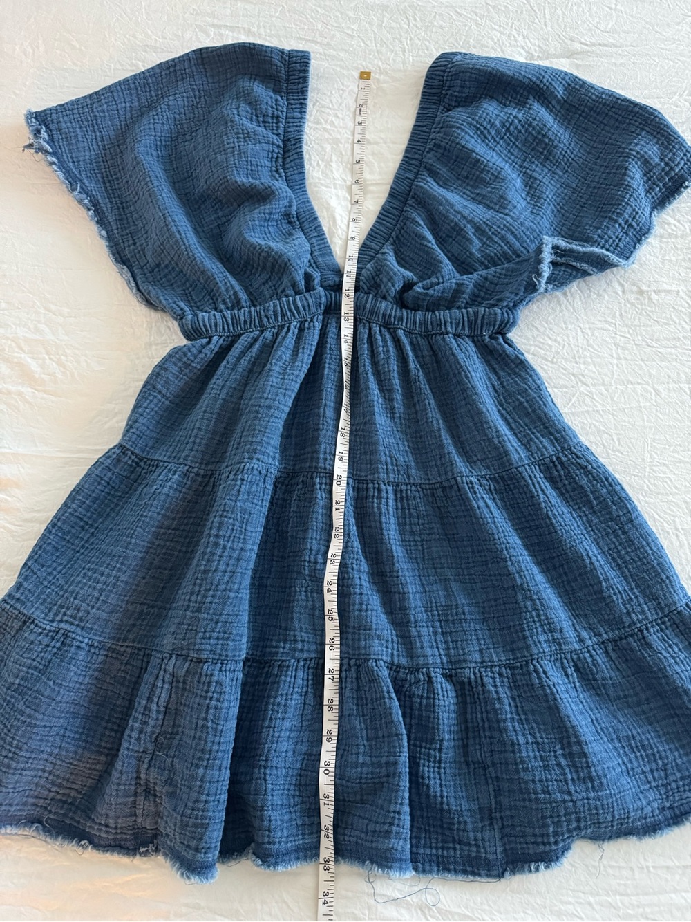 aerie Blue Gauze V-Neck Tiered Dress Boho Beach Swim Cover-Up - Picture 9 of 11
